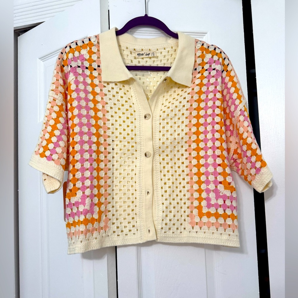 Crochet button up short sleeve shirt